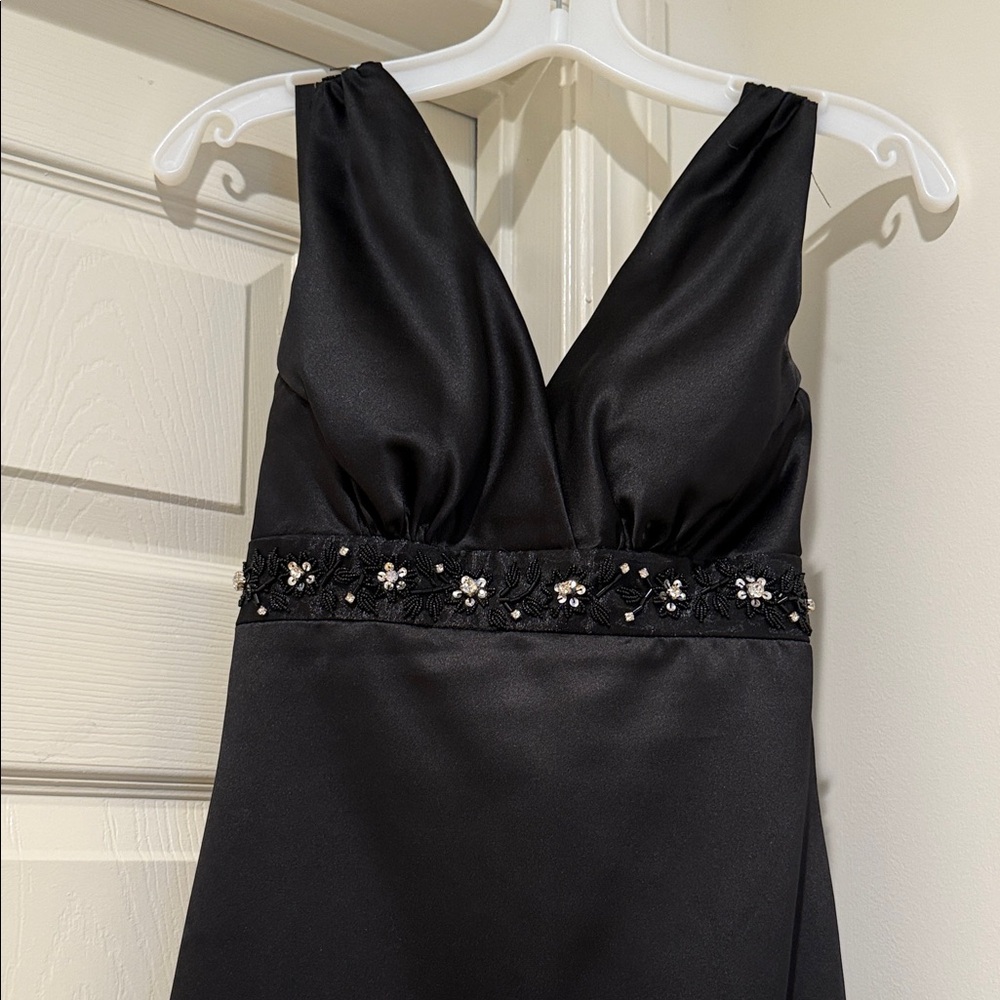Wedding Prom Black Maxi Dress bustled train floral beaded rhinestone Size 0